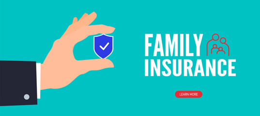 family insurance protection human hand holding small shield  vector illustration