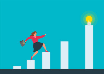 businesswoman running on chart to lightbulb overcoming obstacles business success strategy vector illustration