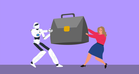 robot and businesswoman pulling the briefcase competition fighting conflict vector illustration