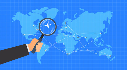 hand with magnifying glass over the world map flight path lines directions airlines transportation route vector illustration