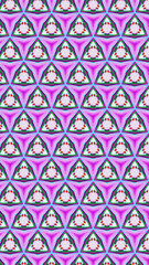 Mosaic pattern geometric background. Pink green white color curved pixel triangle shape motif abstract symmetrical design illustration.