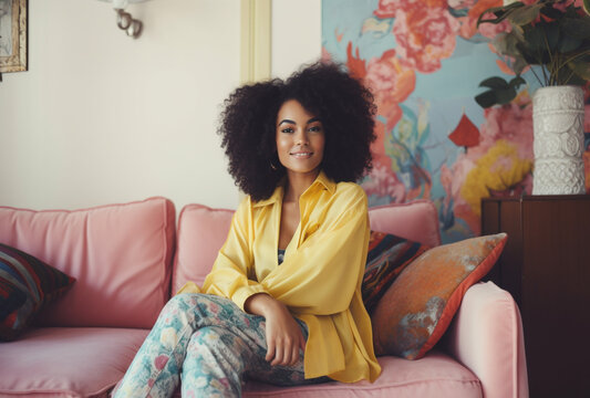 Happy afro american woman relaxing on sofa at home, sitting in pastel colored living room, Ai generated Images
