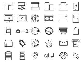 shopping icon set, vector line art graphics, market, business, online shop