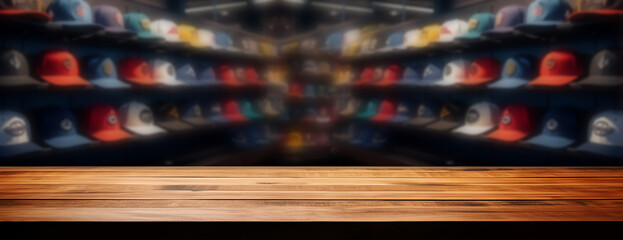 hats in a hat shop. clothing store showcase with caps. The empty wooden table top with blurred clothing shop background. copy space. concept shopping
