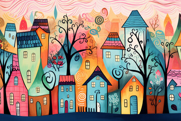 village painting style view full of buildings
