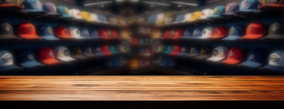 hats in a hat shop. clothing store showcase with caps. The empty wooden table top with blurred clothing shop background. copy space. concept shopping