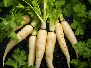 An Overhead Photo of Fresh Parsnips Covered in Water Drops - obrazy, fototapety, plakaty