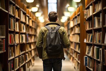 Young college student walking through library rows in search of literature for lecture