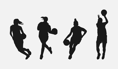 set of silhouettes of female basketball players with different poses, gestures. isolated on white background. vector illustration.