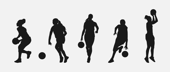 set of silhouettes of female basketball players with different poses, gestures. isolated on white background. vector illustration. - obrazy, fototapety, plakaty