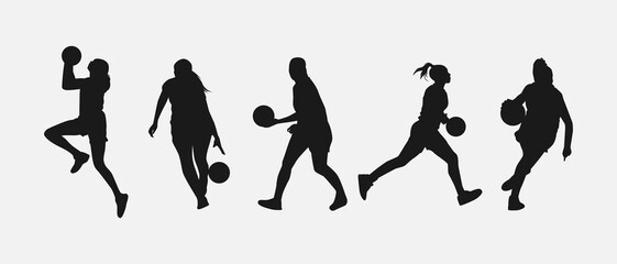 set of silhouettes of female basketball players with different poses, gestures. isolated on white background. vector illustration.