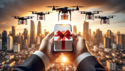 Fototapeta na wymiar Businessman Controlling Drones for Gift Delivery