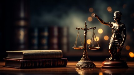 Law theme, mallet of the judge on wooden desk with Lady Justice Statue.