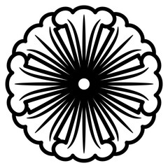 Round floral mandala or decorative element with stylized datura or lily petals and cross motif. Black and white silhouette.