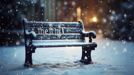 Let it Snow' lyric/christmas message written in snow on a bench