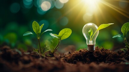 Light bulb is located on the soil, and plant are growing with growth graph.Renewable energy generation is essential in the future. Alternative sources of energy
