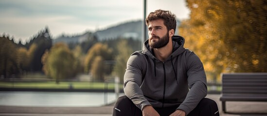 Man in sports attire taking a quick break during morning exercise outside.
