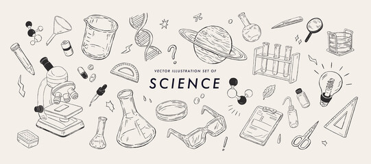 Set of Tools in the Science Lab.Vector illustrations.Hand drawn sketches.