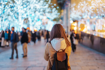 Traveler with bag visiting Roppongi Hills Christmas Illumination during winter season, happy...