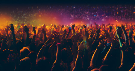 Crowd cheering at a live music concert on stage with hands raised
