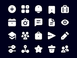 User Interface Icon Pack Filled Dark Mode Style. Material Icon Collection, Perfect for Websites, Landing Pages, Mobile Apps, and Presentations. Suitable for UI UX.