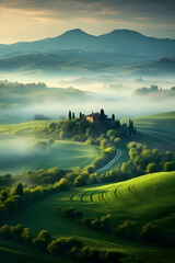 Tuscany landscape with cypresses trees and farmhouse