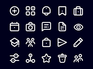 User Interface Icon Pack Outline Dark Mode Style. Material Icon Collection, Perfect for Websites, Landing Pages, Mobile Apps, and Presentations. Suitable for UI UX.