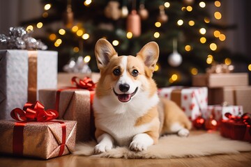 Cute dog  Wearing Santa Claus hat in gift box on Merry Christmas and Happy New Year decoration for celebration . AI Generate