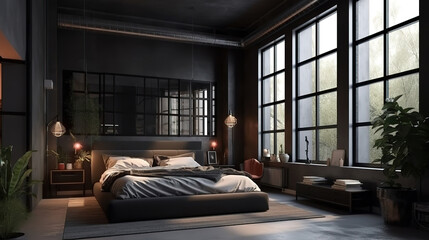 A bedroom with a view of a cityscape