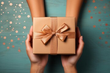 hands holding a gift box on a blue background . AI Generate - obrazy, fototapety, plakaty