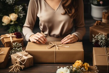 cropped shot of woman wrapping gift box in craft paper at home . AI Generate
