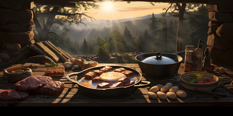 Fried eggs in a frying pan on a wooden table in the rays of the rising sun