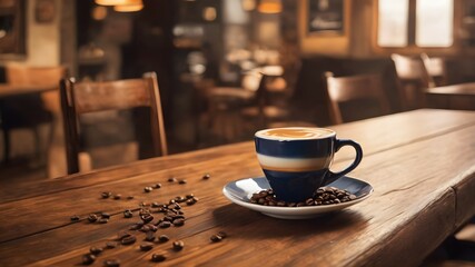  A cup of coffee on a wooden table