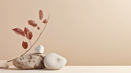 Obraz na płótnie Canvas Abstract nature scene with composition of stones and dry branch. Neutral beige background for cosmetic, beauty product branding, identity and packaging. Natural pastel colors. Copy space, front view