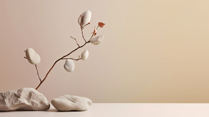Abstract nature scene with composition of stones and dry branch. Neutral beige background for cosmetic, beauty product branding, identity and packaging. Natural pastel colors. Copy space, front view