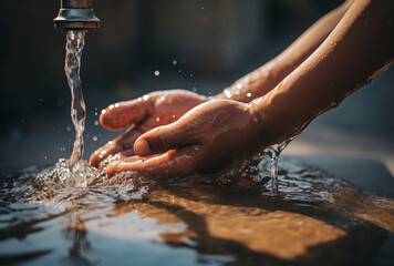 A child's hand under a water tap, Ai generated images - obrazy, fototapety, plakaty