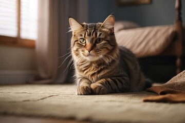 A cat acting strangely inside the house like it did something wrong.