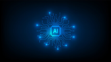 AI Artificial intelligence processor MCU chip icon symbol on blue background for graphic design, logo, web site, social media. Technology abstract background, Vector illustration