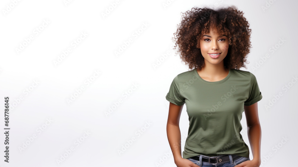 Poster Afro american woman wearing green t-shirt isolated on gray background