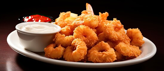 Fried shrimp plate, also called popcorn shrimp. Offered in vertical too.