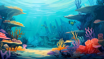 Fototapeta na wymiar Underwater scene based on vector sea and fish with many colorful corals