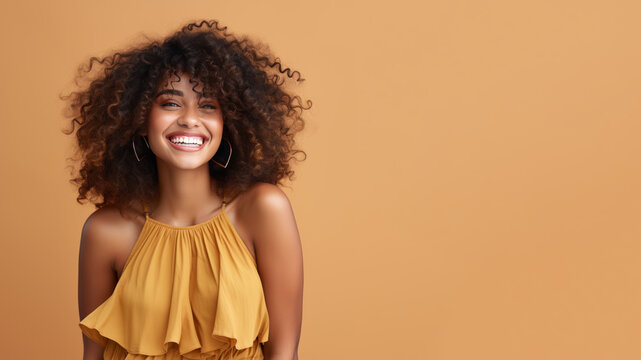 Afro-american woman model wearing a brown sundress isolated on pastel
