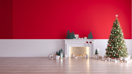 Modern interior of living room ,christmas tree on white wall and wood floor ,at home for the holidays,3d rendering