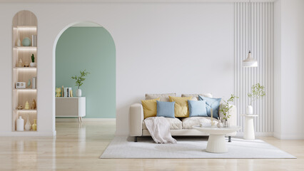 Modern room ,minimalist interior with  sofa on empty white and  pastel blue color wall background.3d rendering