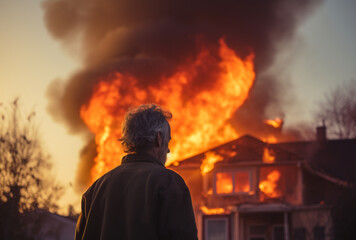 a sad father sees a burning house, Ai generated Images