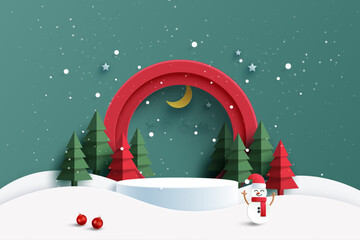 Merry Christmas and Happy new year background. White podium in Red circle decorated with christmas tree,christmas ball and stars.Paper art vector illustration.