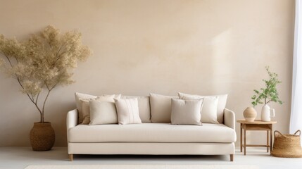 interior design of modern living room with beige fabric sofa and cushions. White wall with frame and space for text, living, furniture