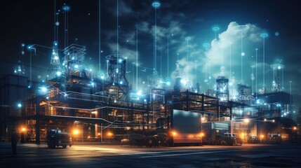 Modern factory, communication network. Telecommunication. IoT, Internet of Things, ICT, Information communication Technology,. Smart factory. Digital transformation, cloud connecting, generate by AI