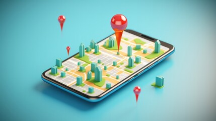 Smartphone with map, 3D Map pins, GPS, navigator pin checking points, 3D World Map icon, technology and application mobile smart phone with mobile, delivery tracking, transportation, generate by AI