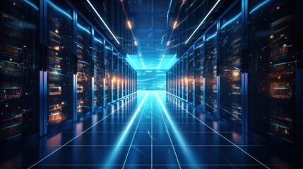 Shot of Corridor in Working Data Center Full of Rack Servers and Supercomputers with Internet connection Visualization Projection, technology, digital, futuristic, future,